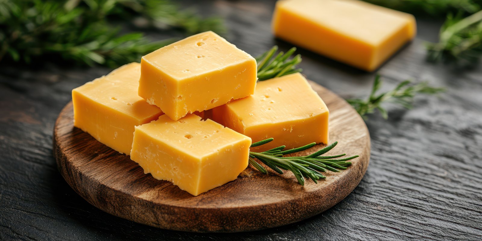 Delicious cheddar cheese cubes on a wooden plate surrounded by fresh herbs